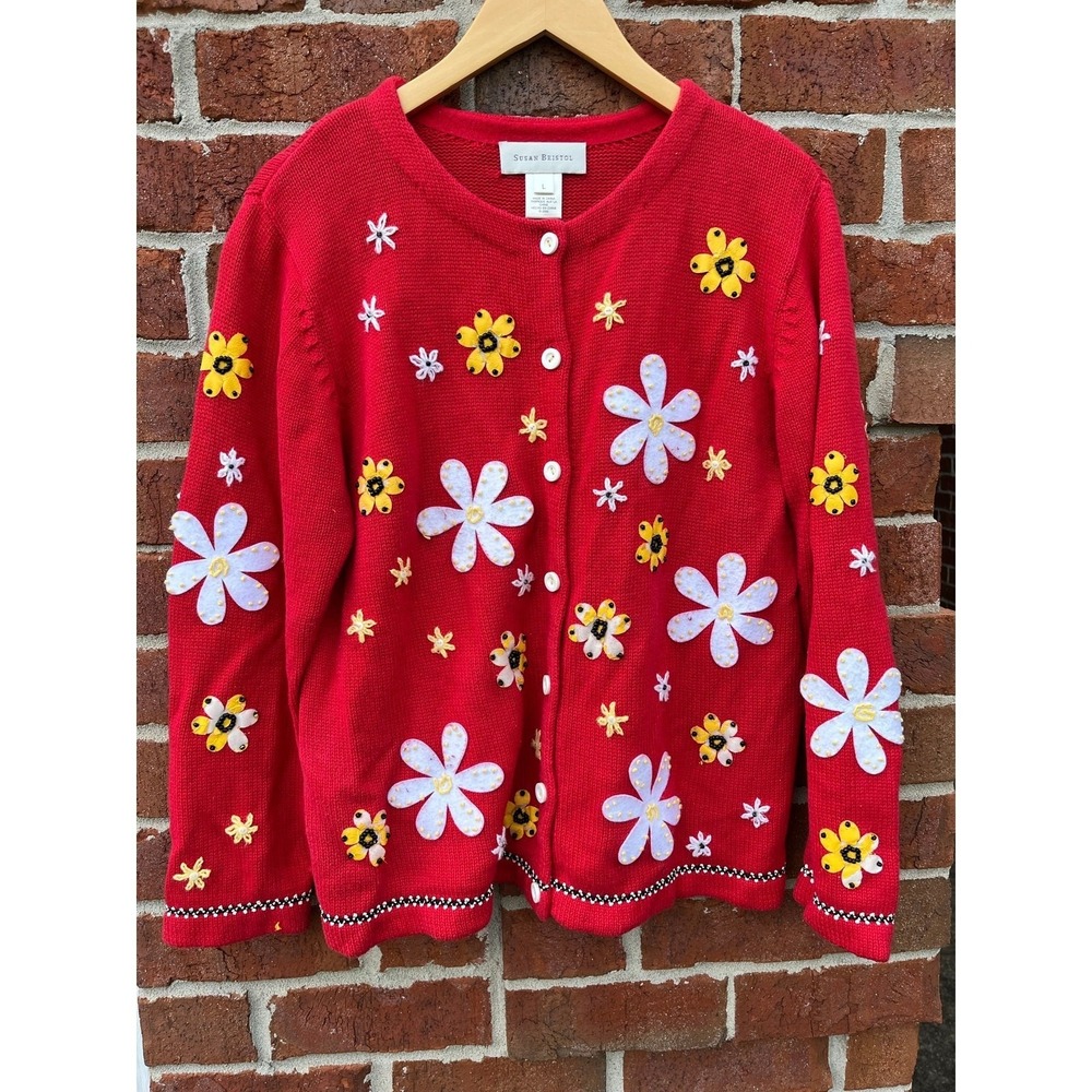 Susan Bristol Women's L Red Floral Applique Embellished Button Cardigan Sweater